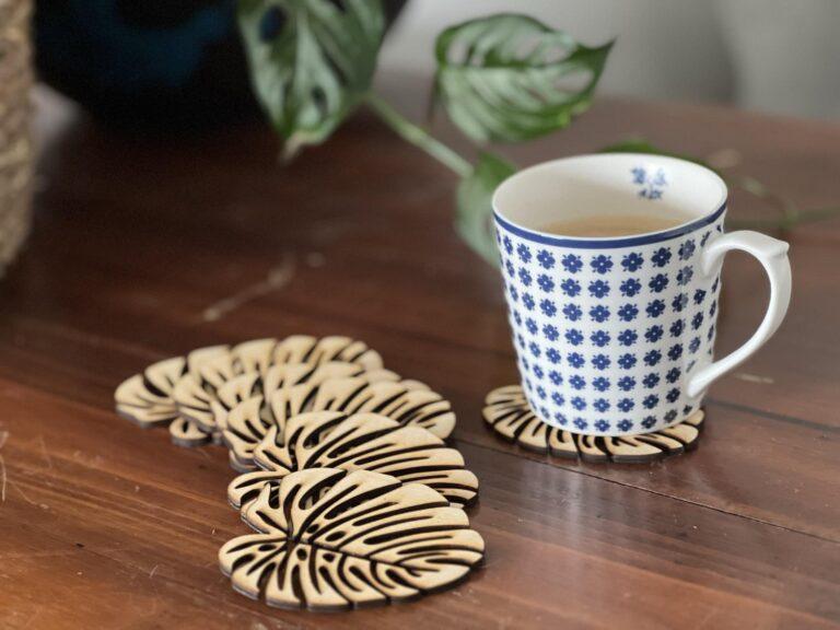 Handcrafted Monstera Leaf Design Wooden Coasters - Set of 6 | High-Quality Birch Wood | Tropical Decor