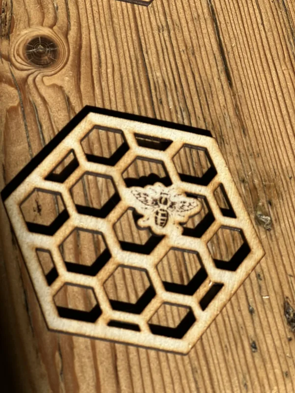 Houten onderzetters met honingraatpatroon en bijendesign op een tafel met groene planten.