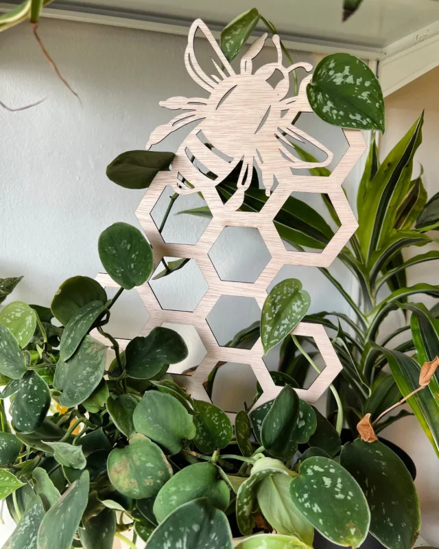 Zelfgemaakt houten klimrek met bijmotief voor ondersteuning van kamerplanten.