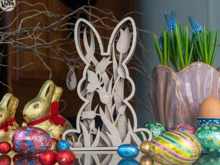 Botanische Houten zittend Paashaasje- Laser Gesneden 6-Laags Decoratie