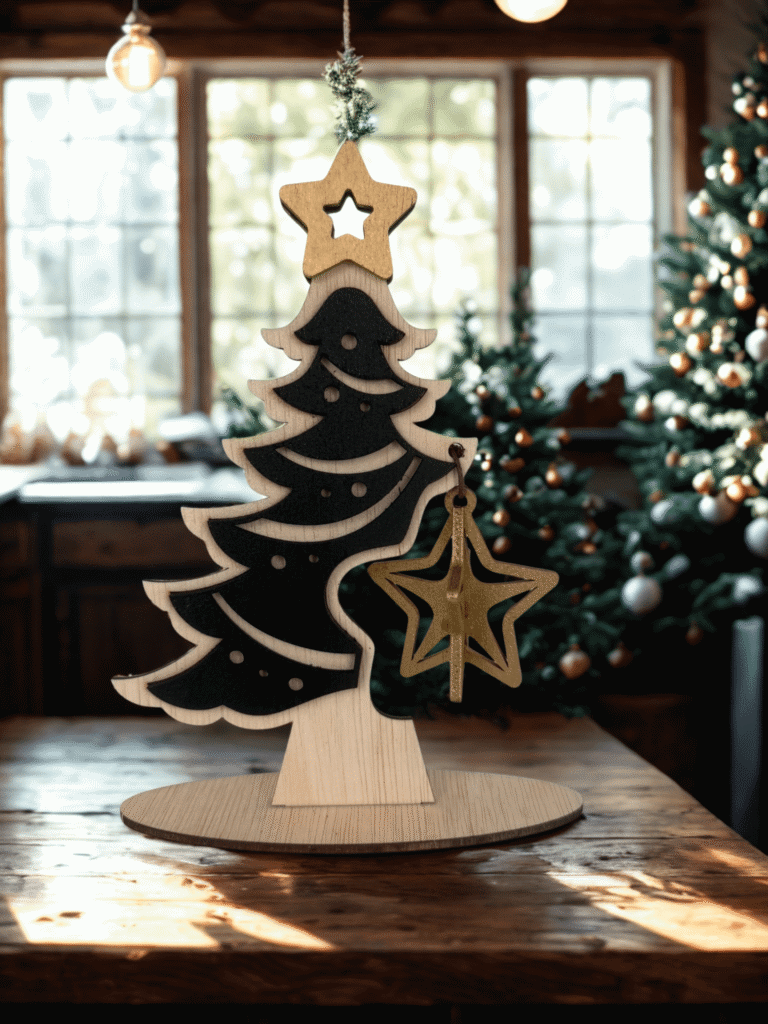 Houten kerstboom met een zwarte en natuurlijke afwerking, versierd met een gouden ster ornament.