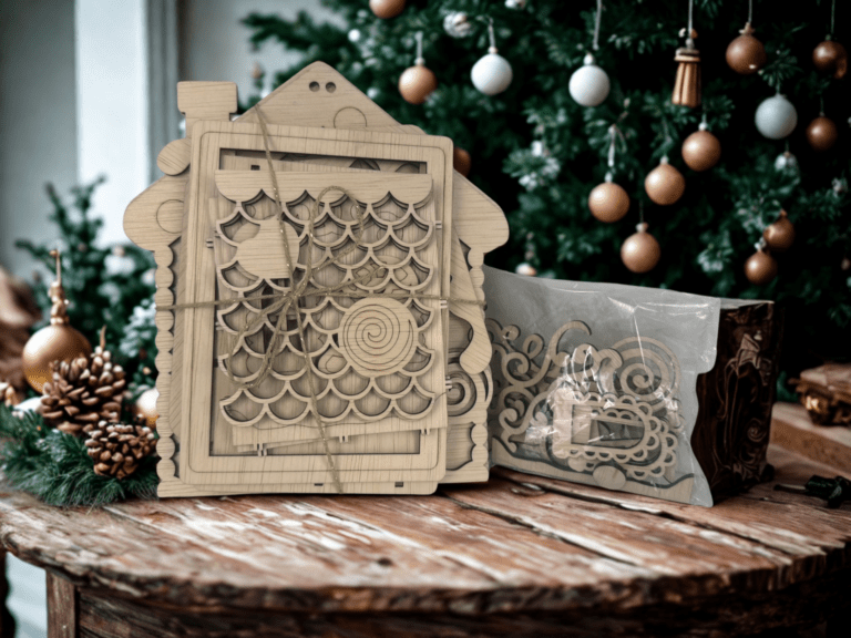 Houten decoratieve snijmal in de vorm van een huis met een verpakking ernaast, geplaatst op een houten tafel.