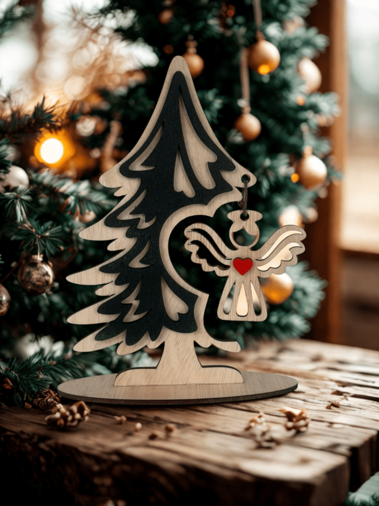 Houten kerstboompje met ster op sfeervolle kerstachtergrond, handgemaakt en gepersonaliseerd cadeau
