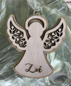 Houten kerstengel met uitgesneden vleugels – gelaagd ornament