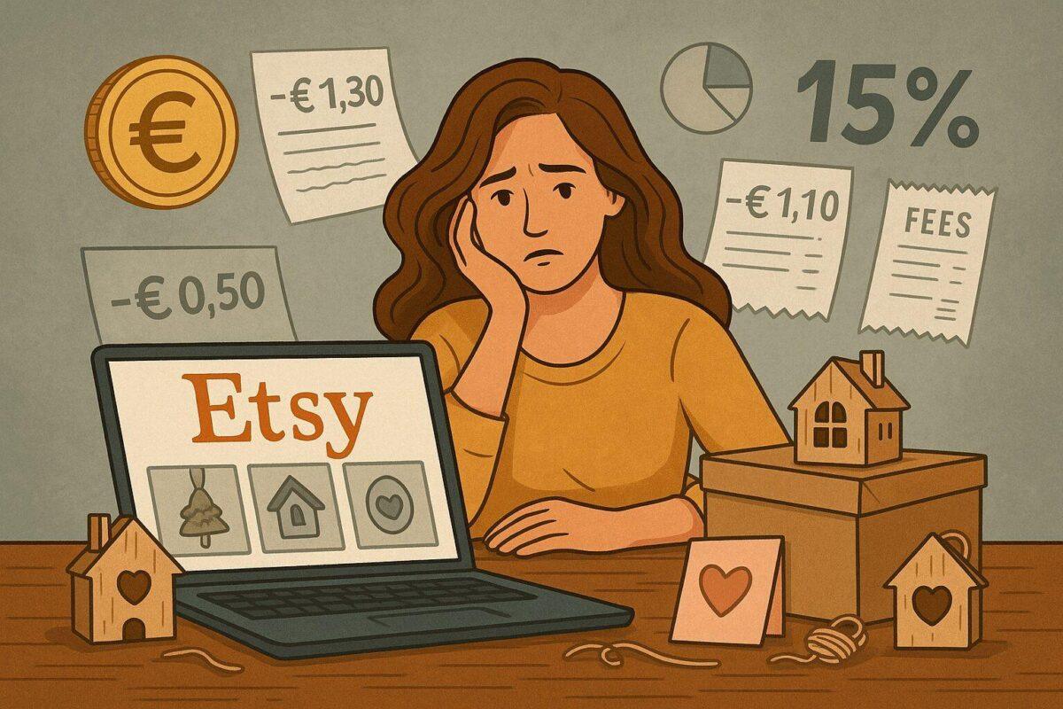 Illustratie van een maker die zijn creatieve producten aanbiedt via Etsy, met een blik op de verborgen kosten en inspanning achter de schermen.