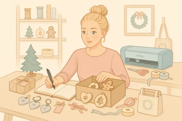 Illustratie van Mylene in haar creatieve werkplek terwijl ze voorbereidingen treft voor de kerstmarkt, met houten producten, verpakkingen en warme pastelkleuren.